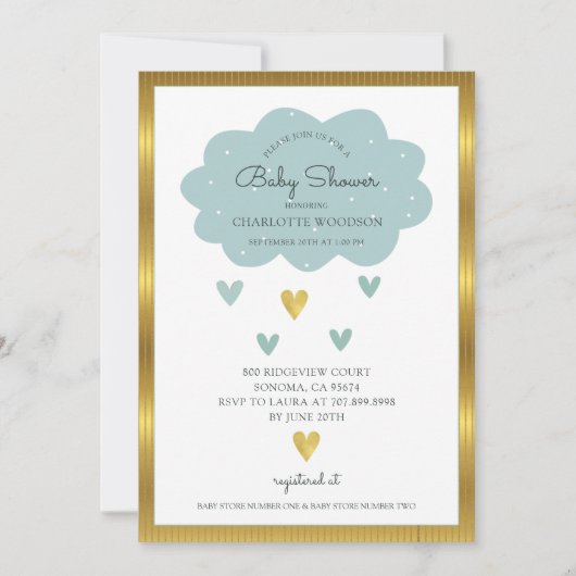 ボホウォーターカラーレインボークラウドブルー男の赤ちゃんシャワー 招待状 (正面)