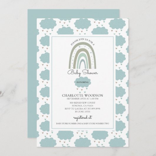 ボホウォーターカラーレインボークラウドブルー男の赤ちゃんシャワー 招待状 (正面/裏面)