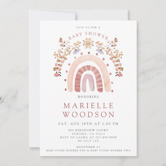 ボホウォーターカラーレインボーサンシャインベビーシャワー 招待状 (正面)