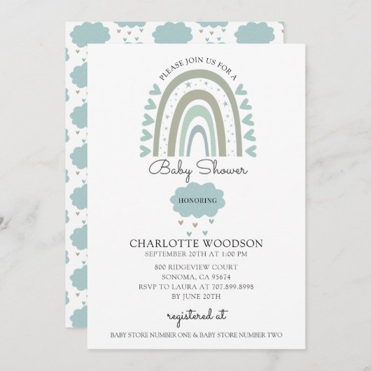 ボホウォーターカラーレインボーブルー男の赤ちゃんシャワー 招待状 (正面/裏面)