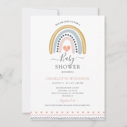 ボホウォーターカラーレインボーベビーシャワー招待状 招待状 (正面)