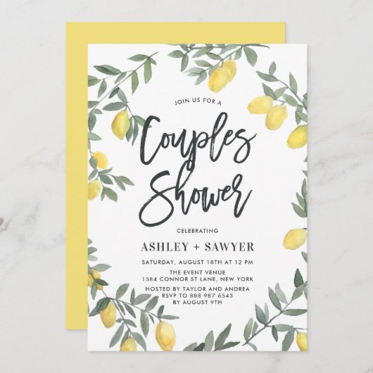 ボホウォーターカラーレモンリースカップルシャワー 招待状 (正面/裏面)