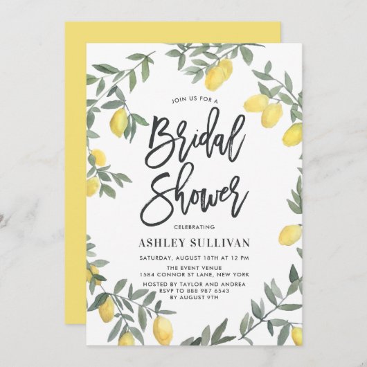 ボホウォーターカラーレモンリースブライダルシャワー 招待状 (正面/裏面)