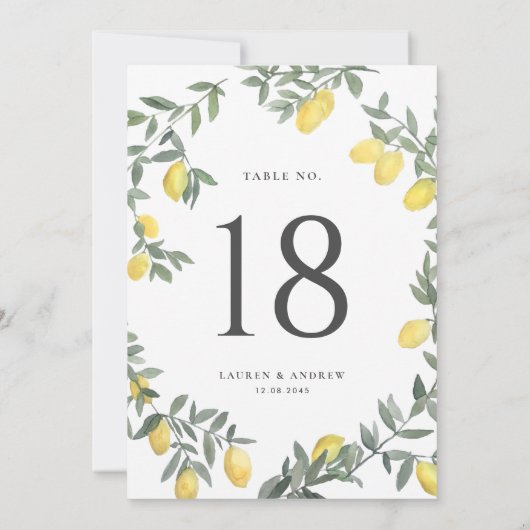 ボホウォーターカラーレモン結婚リースのテーブル番号 招待状 (裏面)