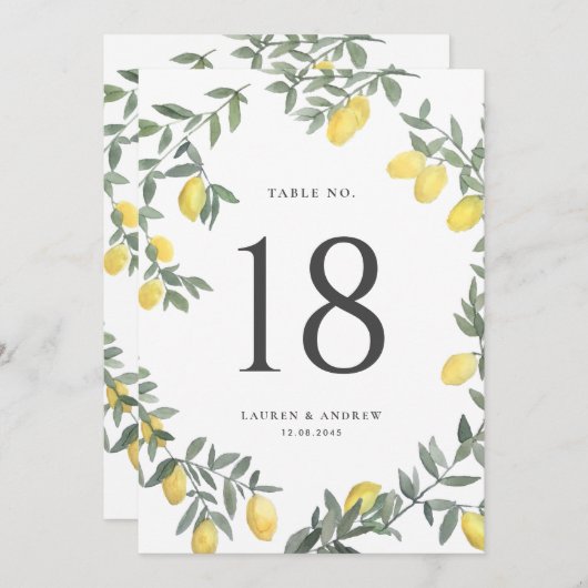 ボホウォーターカラーレモン結婚リースのテーブル番号 招待状 (正面/裏面)