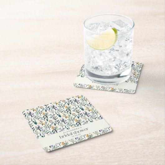 ボホウォーターカラーワイルドフラワーカスタムブライダルシャワー スクエアペーパーコースター (インサイチュ)