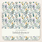 ボホウォーターカラーワイルドフラワーカスタムブライダルシャワー スクエアペーパーコースター (正面)