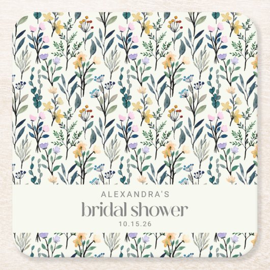 ボホウォーターカラーワイルドフラワーカスタムブライダルシャワー スクエアペーパーコースター (正面)
