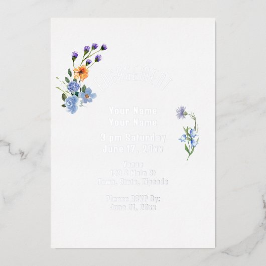 ボホウォーターカラーワイルドフラワーフォイル婚約 箔招待状 (正面)