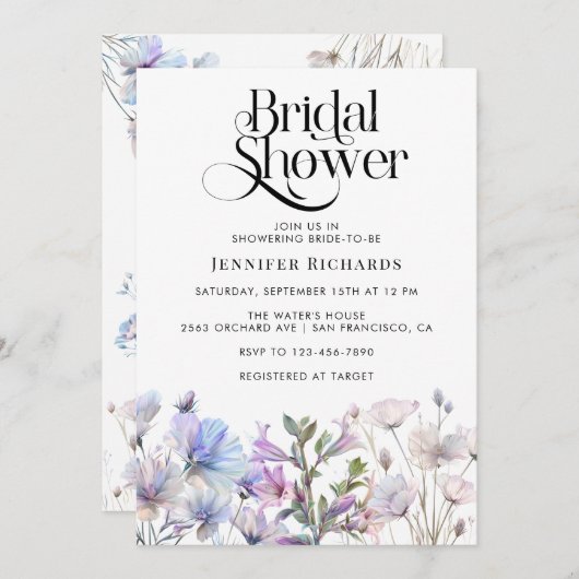 ボホウォーターカラーワイルドフラワーブライダルシャワー 招待状 (正面/裏面)