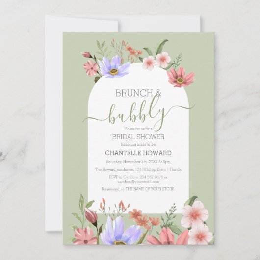 ボホウォーターカラーワイルドフラワーブライダルシャワー 招待状 (正面)