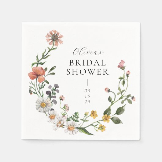 ボホウォーターカラーワイルドフラワーリースブライダルシャワー スタンダードカクテルナプキン (正面)