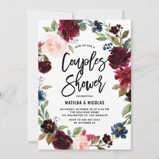 ボホウォーターカラー秋のリースカップルのシャワー 招待状 (正面)