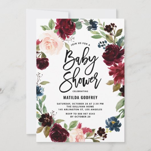ボホウォーターカラー秋フローラリースベビーシャワー 招待状 (正面)