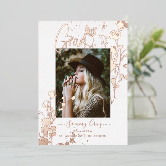 ボホウォーターカラー野草卒業バラ金ゴールド 箔招待状 (立ち正面)