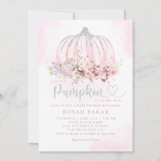 ボホウォーター色の小さなかぼちゃの女の子の赤ちゃんシャワー 招待状 (正面)
