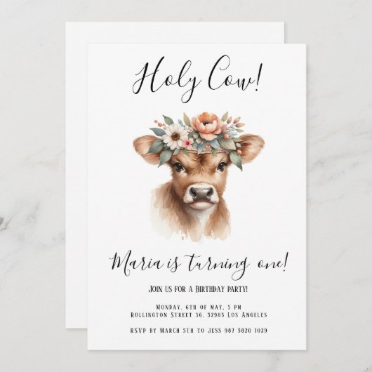 ボホウォーター色の牛の子供の誕生日パーティー 招待状 (正面/裏面)