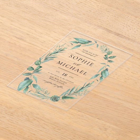 ボホウォーター色の緑と多肉種結婚類 アクリル招待状 (レイダウン)