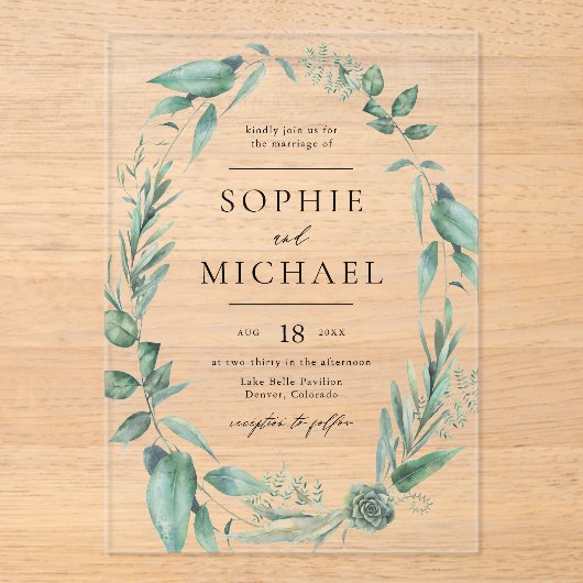 ボホウォーター色の緑と多肉種結婚類 アクリル招待状 (正面)
