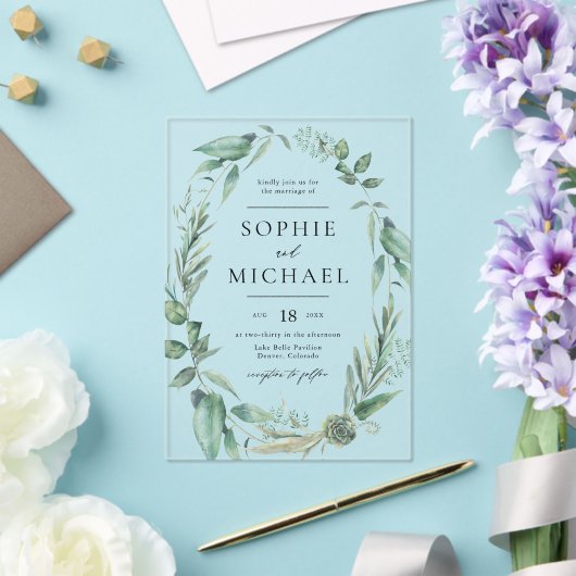 ボホウォーター色の緑と多肉種結婚類 アクリル招待状 (インサイチュ (ウェディング))