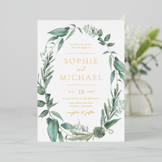 ボホウォーター色の緑と多肉種結婚類 箔招待状 (立ち正面)