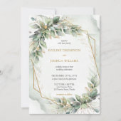 ボホウォーター色の緑のユーカリと金ゴールド結婚ズ 招待状 (正面)