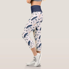 ボホウォーター色の羽葉nブルーブラウンホワイト カプリレギンス