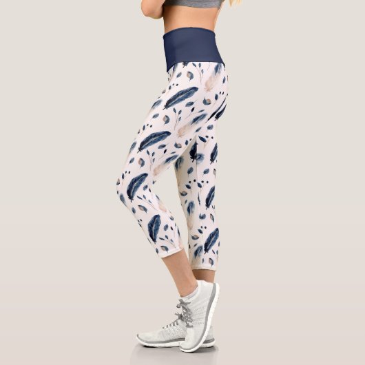 ボホウォーター色の羽葉nブルーブラウンホワイト カプリレギンス (左)