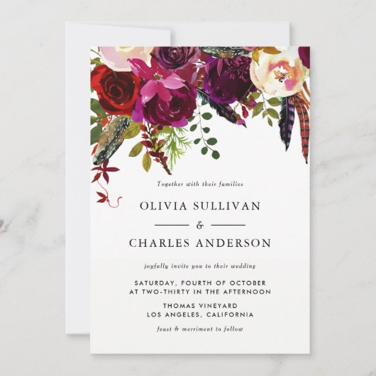 ボホウォーター色の花と羽の秋の結婚式 招待状 (正面)