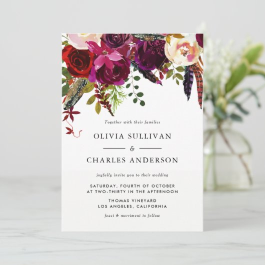 ボホウォーター色の花と羽の秋の結婚式 招待状 (スタンド正面)