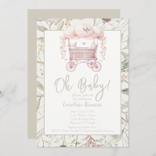 ボホウォーター色の花バシネットベイビーシャワー 招待状 (正面/裏面)