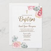 ボホウォーター色の花ピンクのベビーバプテスマ 招待状 (正面/裏面)