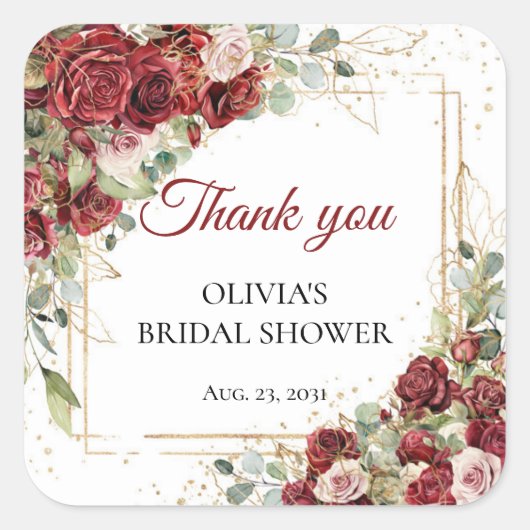 ボホウォーター色の赤とピンクのバラブライダルシャワー スクエアシール (正面)
