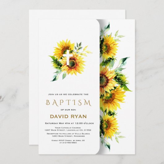 ボホウォーター色ひまわりクロスボーイバプテスマ 招待状 (正面/裏面)