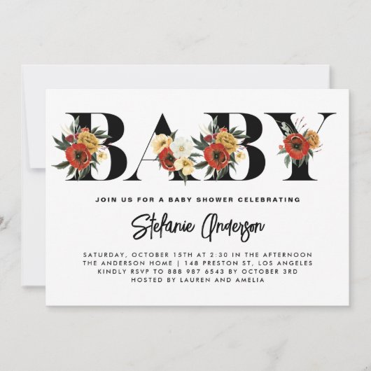 ボホウォーター色アネモン植物性秋ベビーシャワー 招待状 (正面)