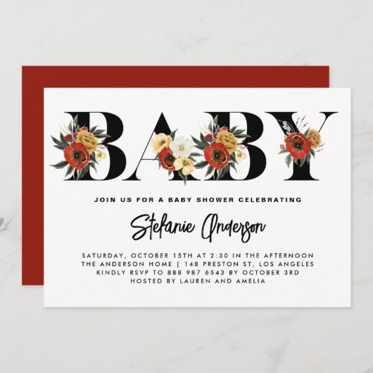 ボホウォーター色アネモン植物性秋ベビーシャワー 招待状 (正面/裏面)