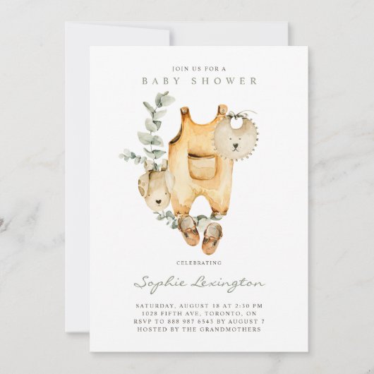 ボホウォーター色オーバーオールEucalyptus赤ちゃんシャワー 招待状 (正面)