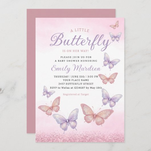 ボホウォーター色グリッターバタフライガールベビーシャワー 招待状 (正面/裏面)