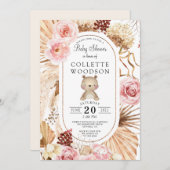 ボホウォーター色テディベアフローラピンクベビーシャワー 招待状 (正面/裏面)