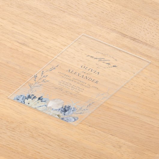 ボホウォーター色ビーチエレガントブルー結婚ズ アクリル招待状 (レイダウン)