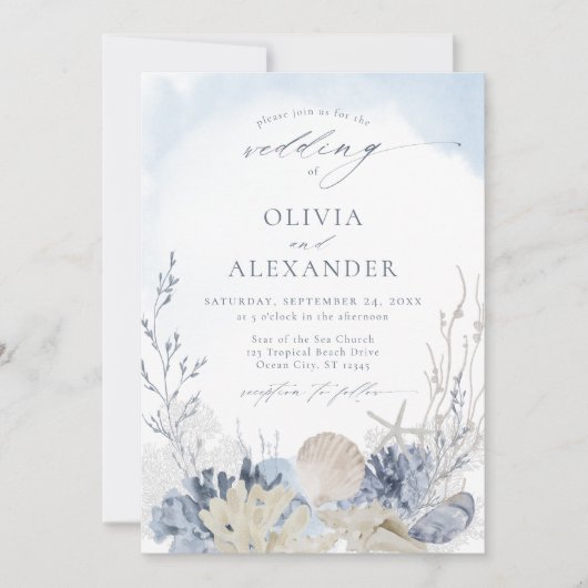 ボホウォーター色ビーチエレガントブルー結婚ズ 招待状 (正面)