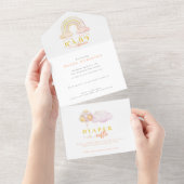 ボホウォーター色ピンクのレインボーガールベビーシャワー オールインワン招待状 (貼ってはがせる)