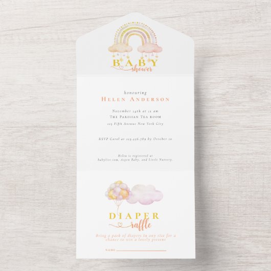 ボホウォーター色ピンクのレインボーガールベビーシャワー オールインワン招待状 (内側)
