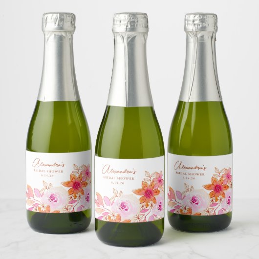 ボホウォーター色ピンクオレンジ色の花ブライダルシャワー スパークリングワインラベル (ボトル)