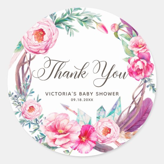 ボホウォーター色ピンク牡丹リースありがとう ラウンドシール (正面)