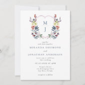 ボホウォーター色フローラクレストブルーモノグラム結婚ズ 招待状 (正面)