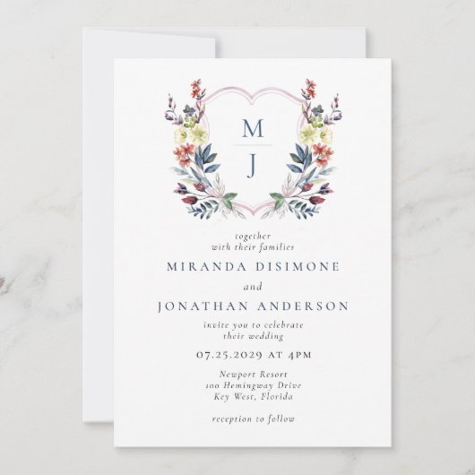 ボホウォーター色フローラクレストブルーモノグラム結婚ズ 招待状 (正面)