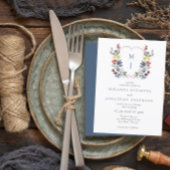 ボホウォーター色フローラクレストブルーモノグラム結婚ズ 招待状