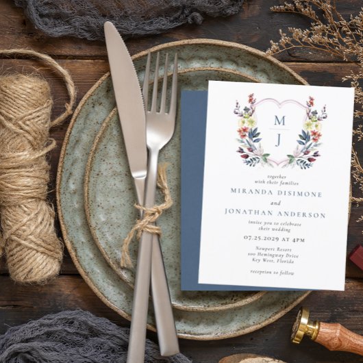 ボホウォーター色フローラクレストブルーモノグラム結婚ズ 招待状