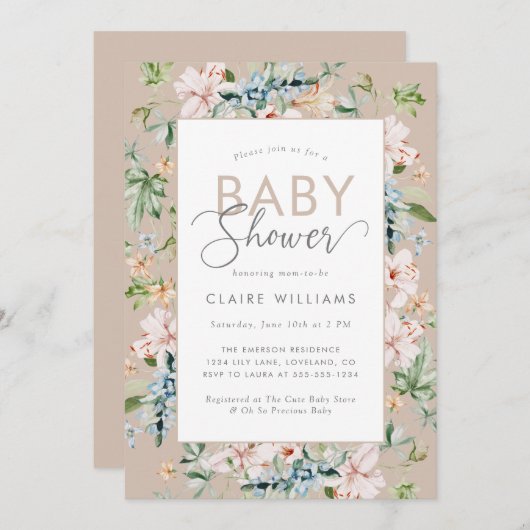 ボホウォーター色フローラベビーシャワー招待状 招待状 (正面/裏面)